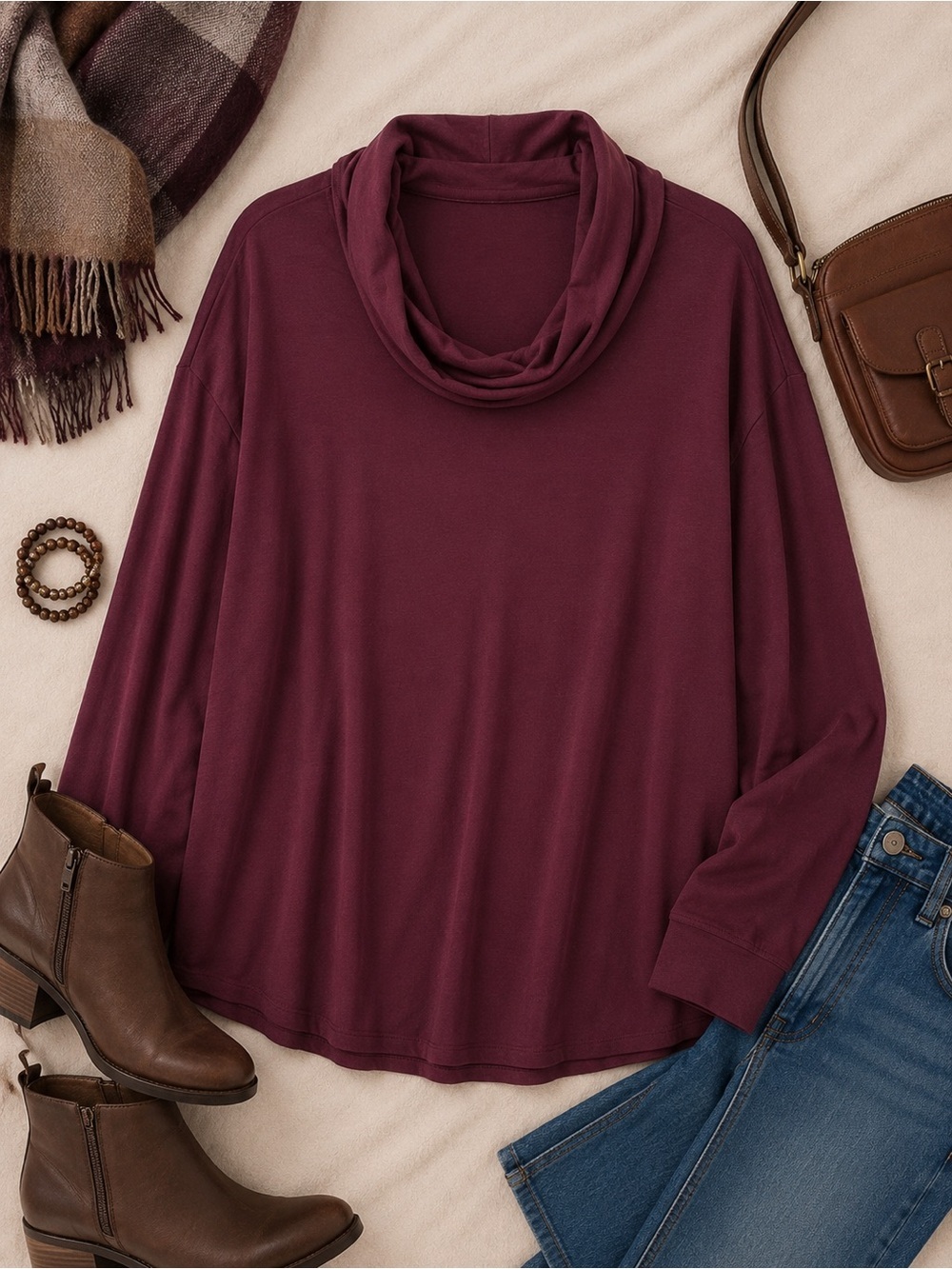 L.L.Bean Womens Burgundy Cowl Neck Long Sleeve Soft Stretch Basic Size Large NWT